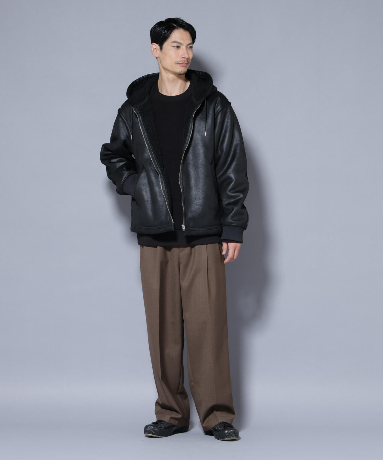 クラックフェイクムートンフードブルゾン