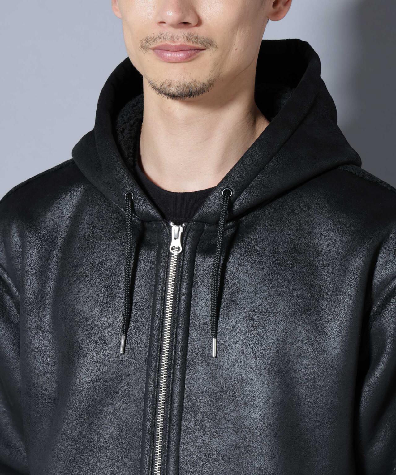 クラックフェイクムートンフードブルゾン