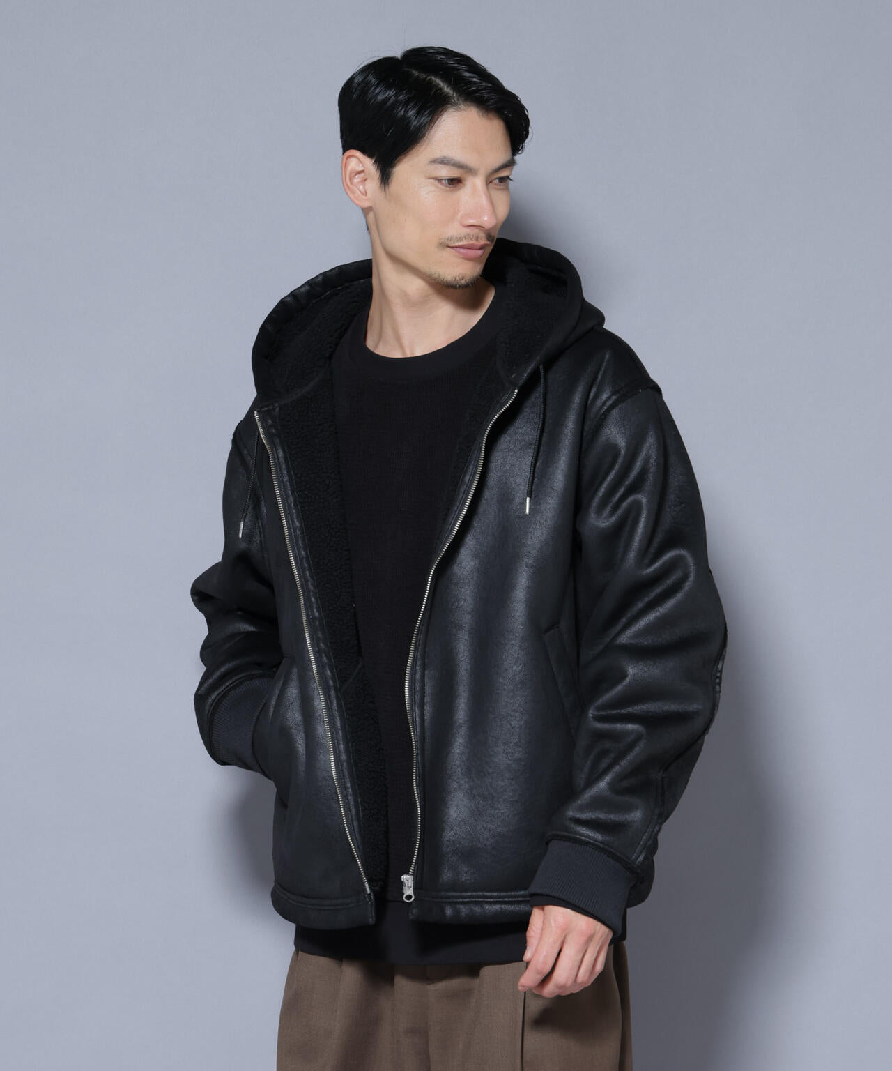 クラックフェイクムートンフードブルゾン