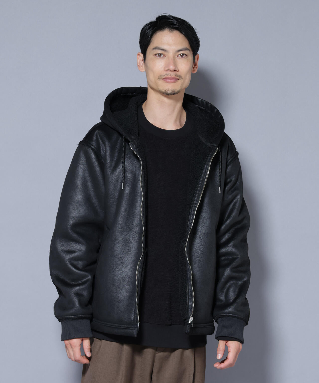 クラックフェイクムートンフードブルゾン