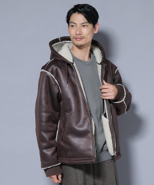 クラックフェイクムートンフードブルゾン